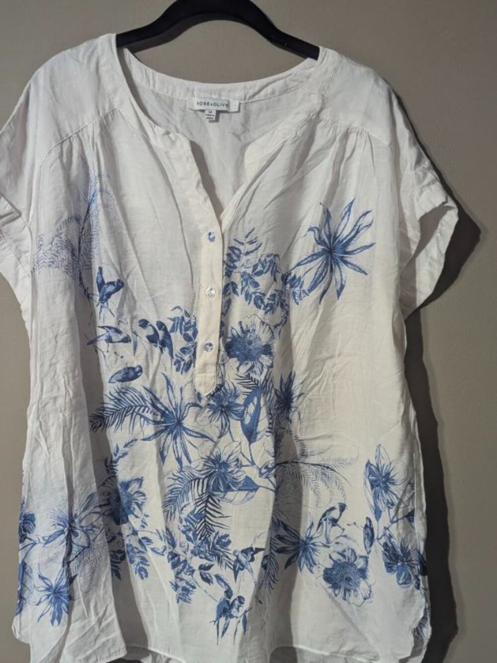 Rose + Olive 2X white blue floral bird image top